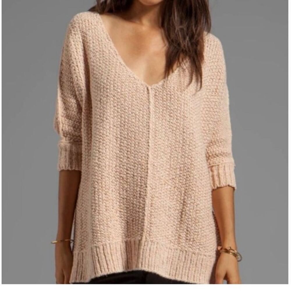 Free People Sz S V-Neck Pullover Sweater Oversized Knit Pink Acrylic Wool Blend